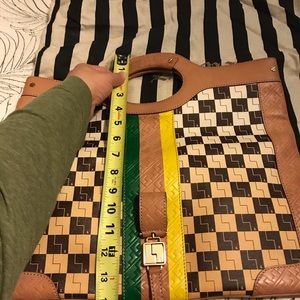 L.a.m.b. Ombre checkerboard Carlisle fold clutch.